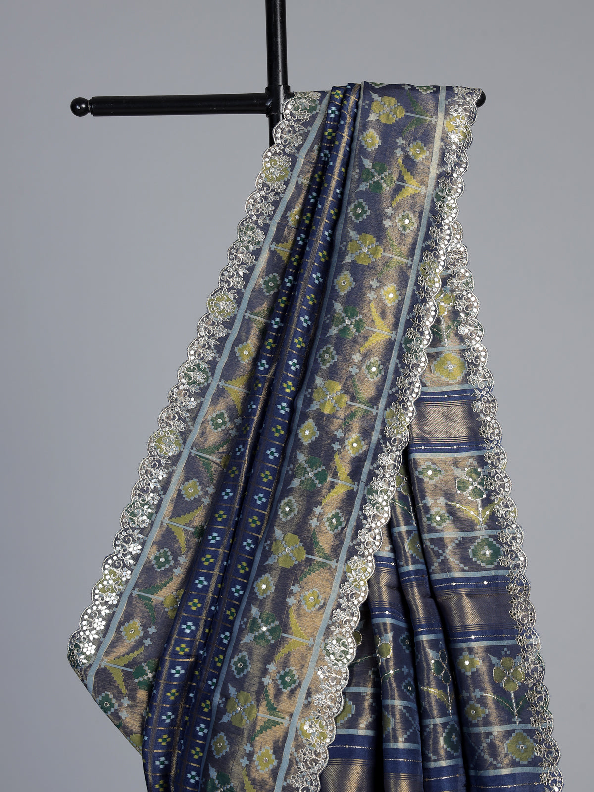 Blue soft silk saree with elegant ikat printed craftsmanship