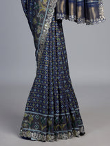 Blue soft silk saree with elegant ikat printed craftsmanship
