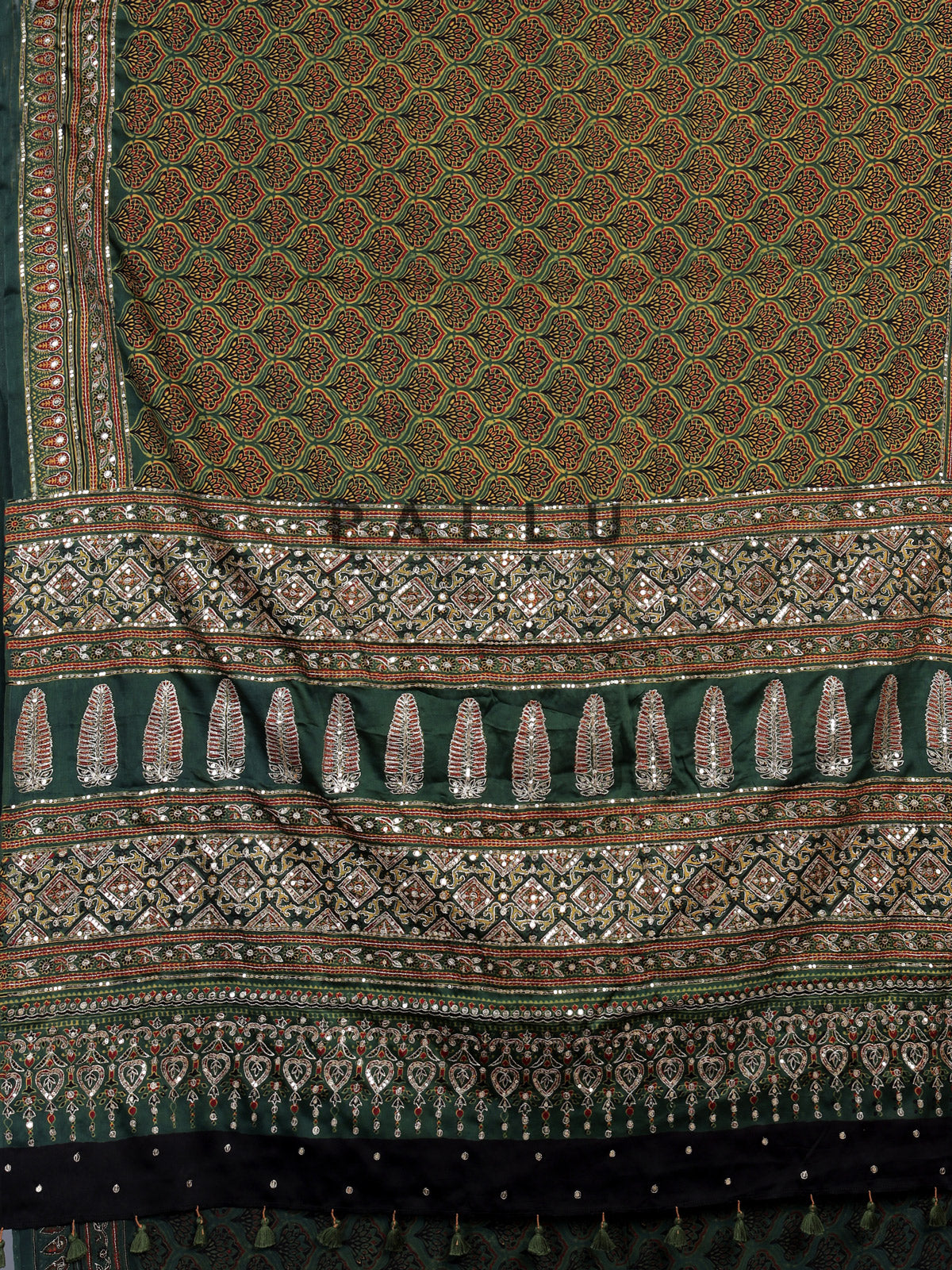 Green crepe silk saree with graceful printed festive detailing