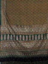 Green crepe silk saree with graceful printed festive detailing