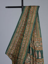 Green crepe silk saree with graceful printed festive detailing