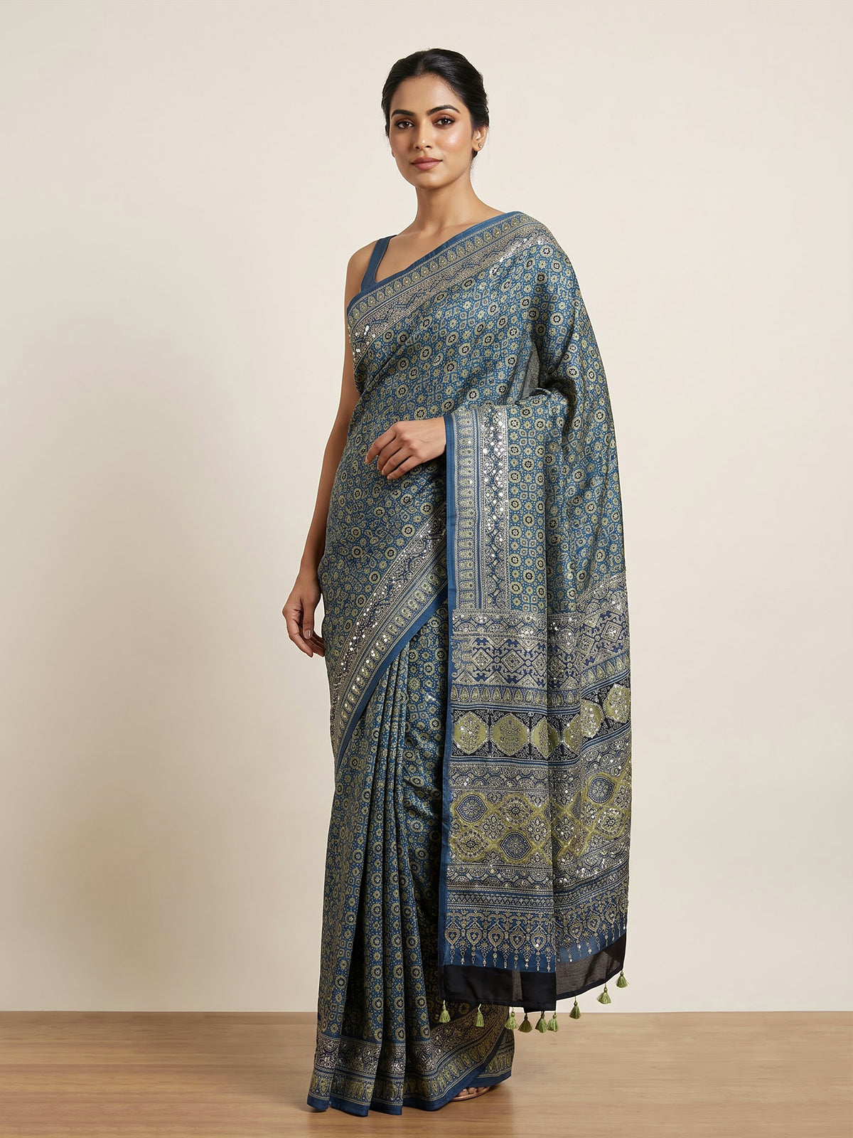 Stone blue crepe silk saree with exquisite printed elegance
