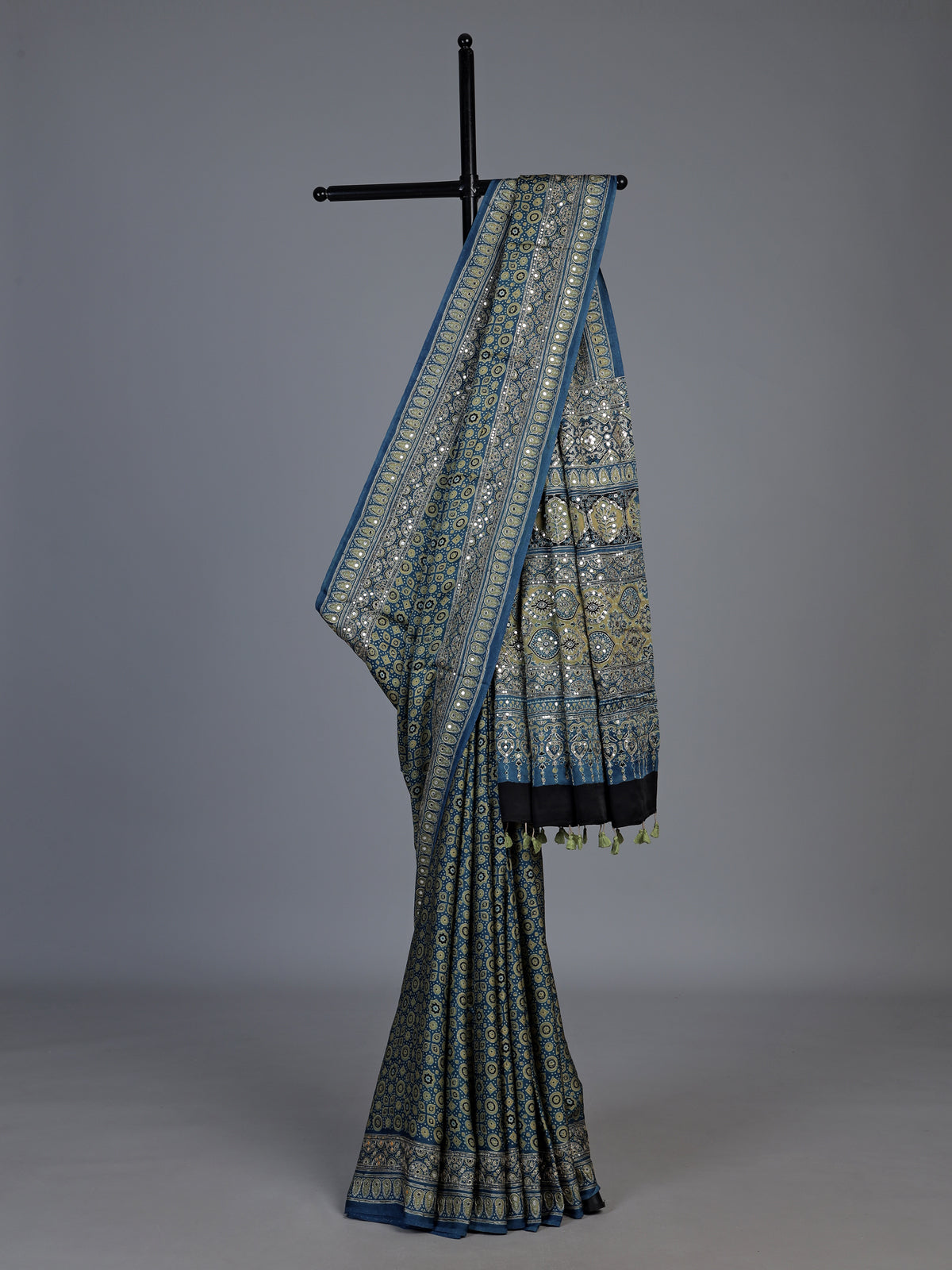 Stone blue crepe silk saree with exquisite printed elegance