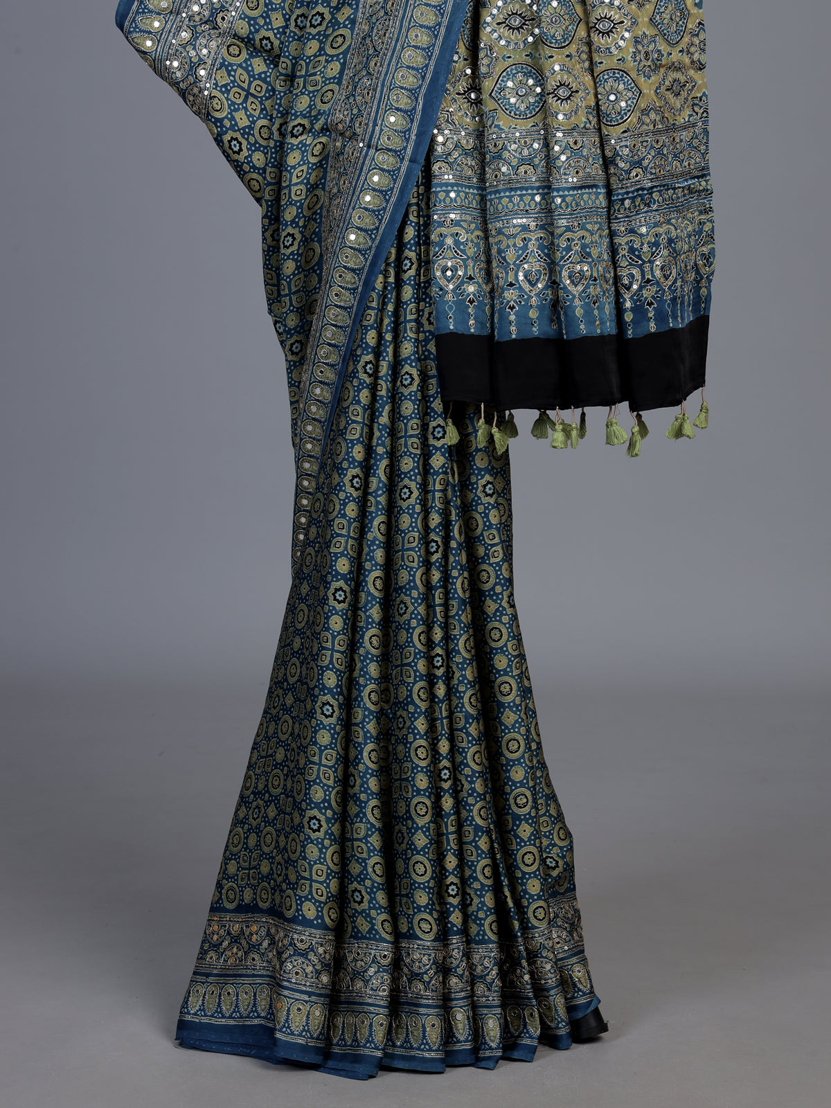 Stone blue crepe silk saree with exquisite printed elegance