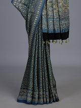 Stone blue crepe silk saree with exquisite printed elegance