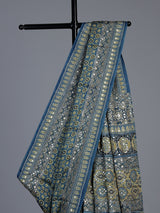Stone blue crepe silk saree with exquisite printed elegance