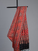 Red crepe silk saree with shimmering mirror printed accents