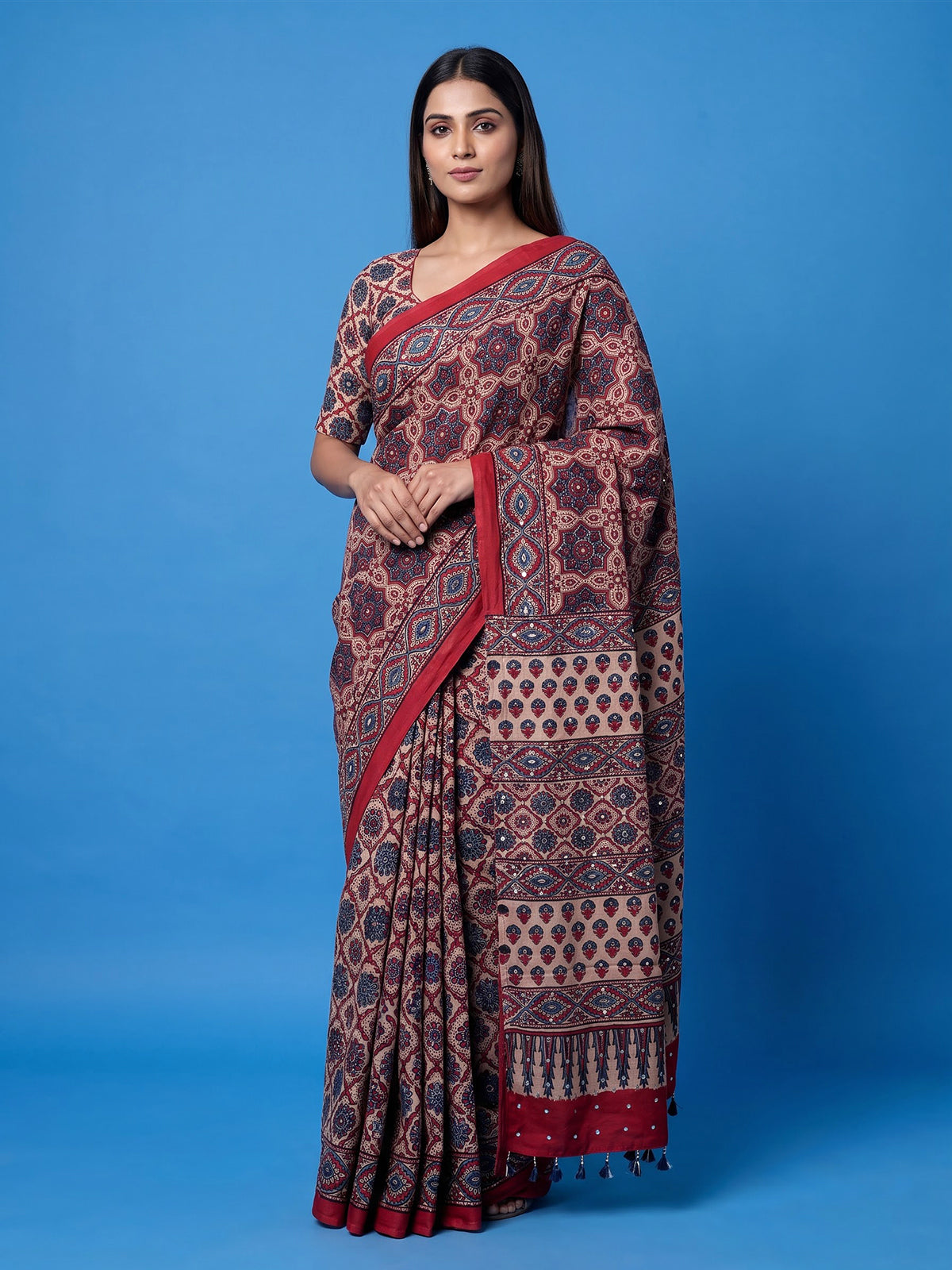 Maroon crepe silk saree with mirror and sequin embellishments
