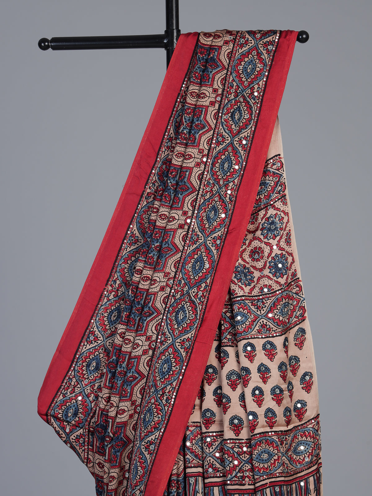 Maroon crepe silk saree with mirror and sequin embellishments