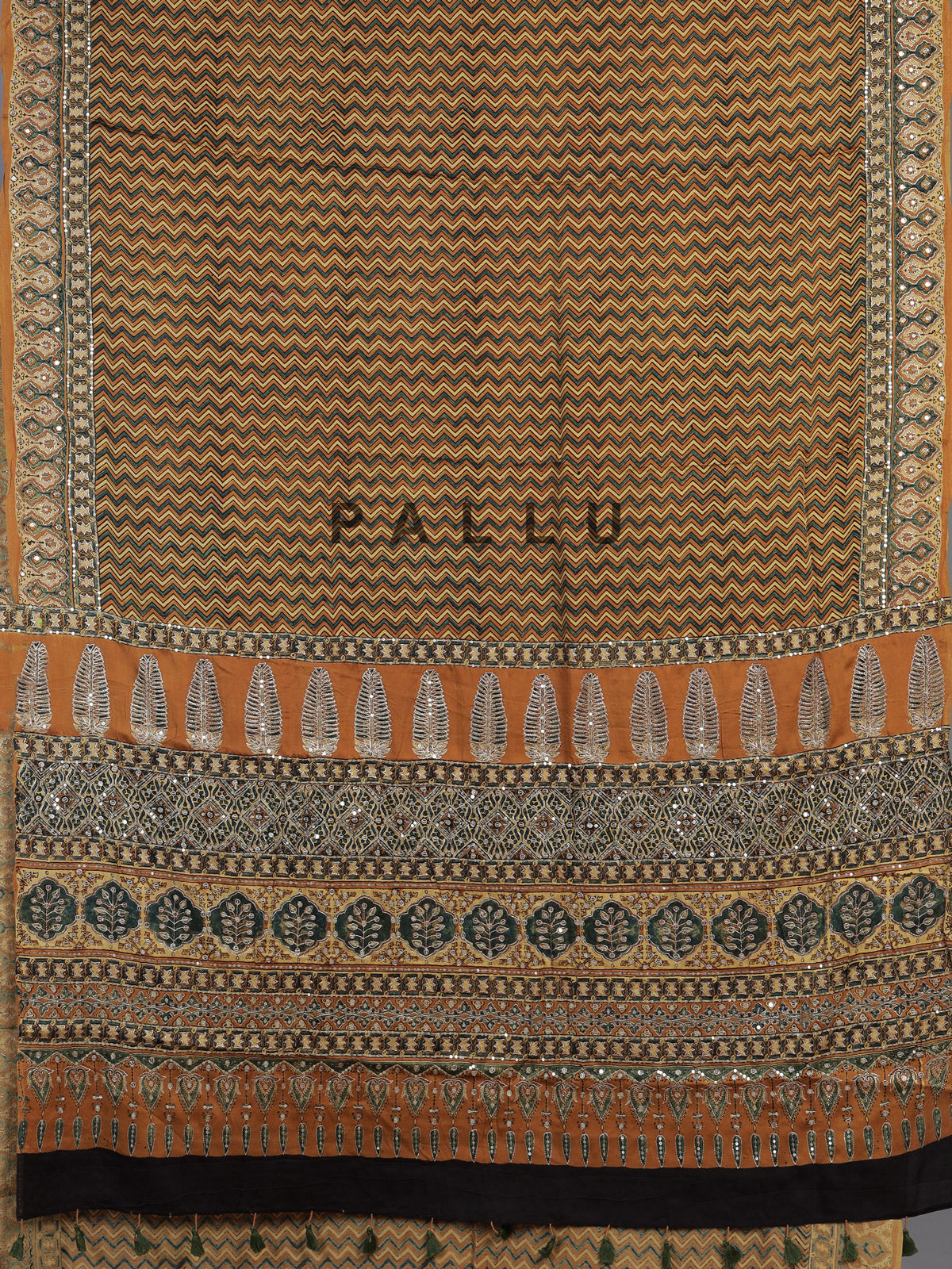 Mustard yellow crepe silk saree with zigzag printed elegance