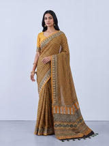 Mustard yellow crepe silk saree with zigzag printed elegance