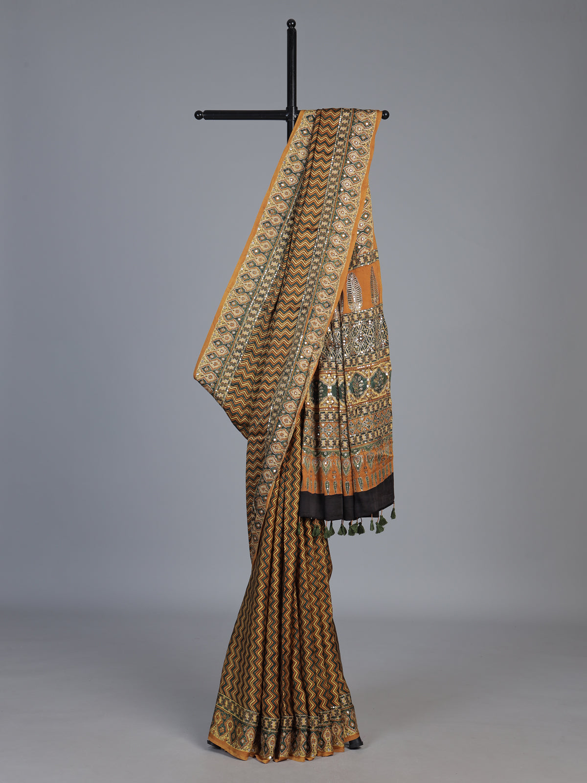 Mustard yellow crepe silk saree with zigzag printed elegance