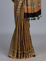 Mustard yellow crepe silk saree with zigzag printed elegance