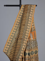 Mustard yellow crepe silk saree with zigzag printed elegance