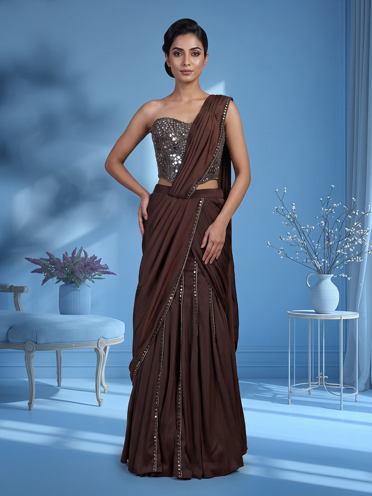 coffee brown satin silk ready to wear saree with zardosi