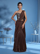 coffee brown satin silk ready to wear saree with zardosi