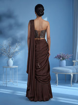 coffee brown satin silk ready to wear saree with zardosi