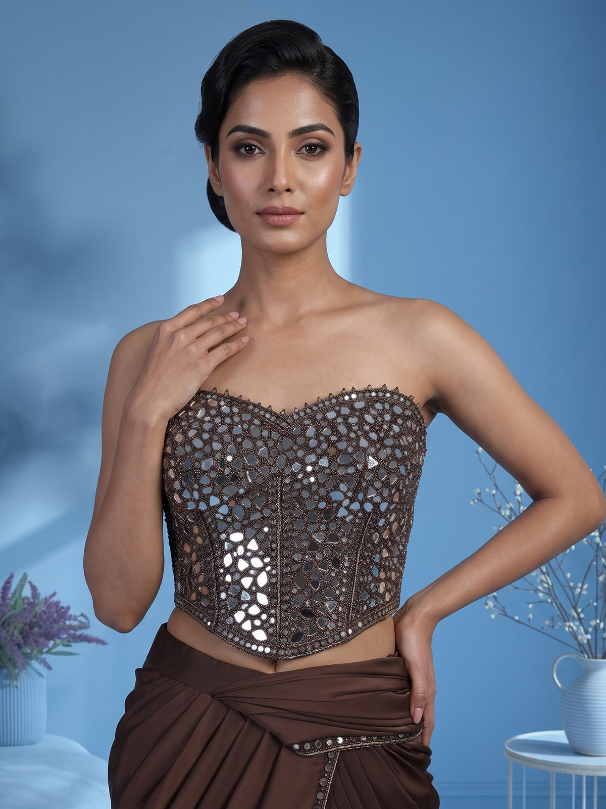 coffee brown satin silk ready to wear saree with zardosi