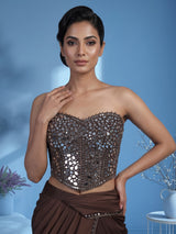 coffee brown satin silk ready to wear saree with zardosi