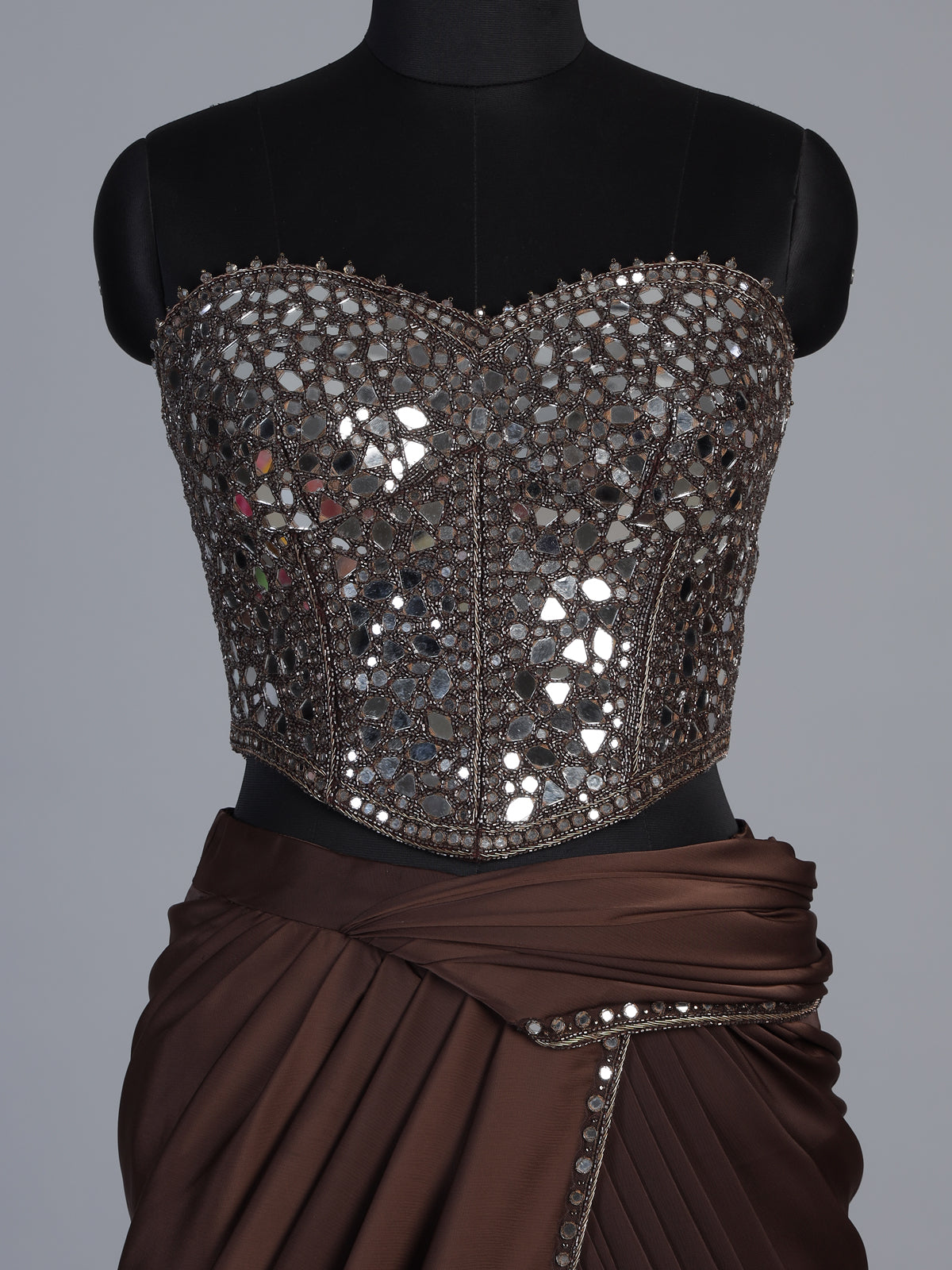 coffee brown satin silk ready to wear saree with zardosi
