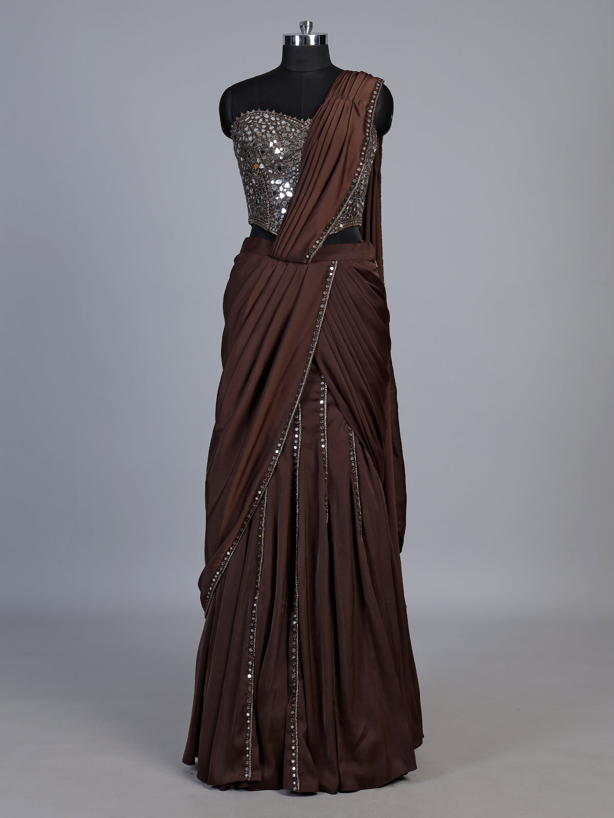coffee brown satin silk ready to wear saree with zardosi