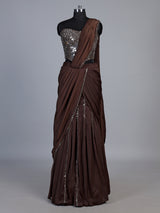coffee brown satin silk ready to wear saree with zardosi