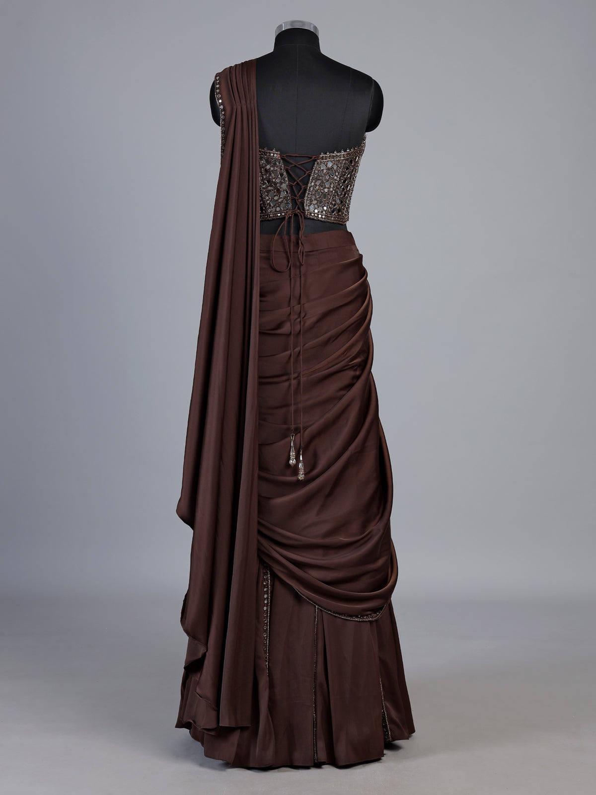 coffee brown satin silk ready to wear saree with zardosi