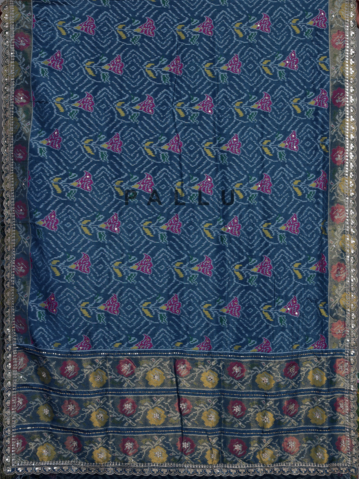 Stone blue soft silk saree with bandhani floral contrast elegance