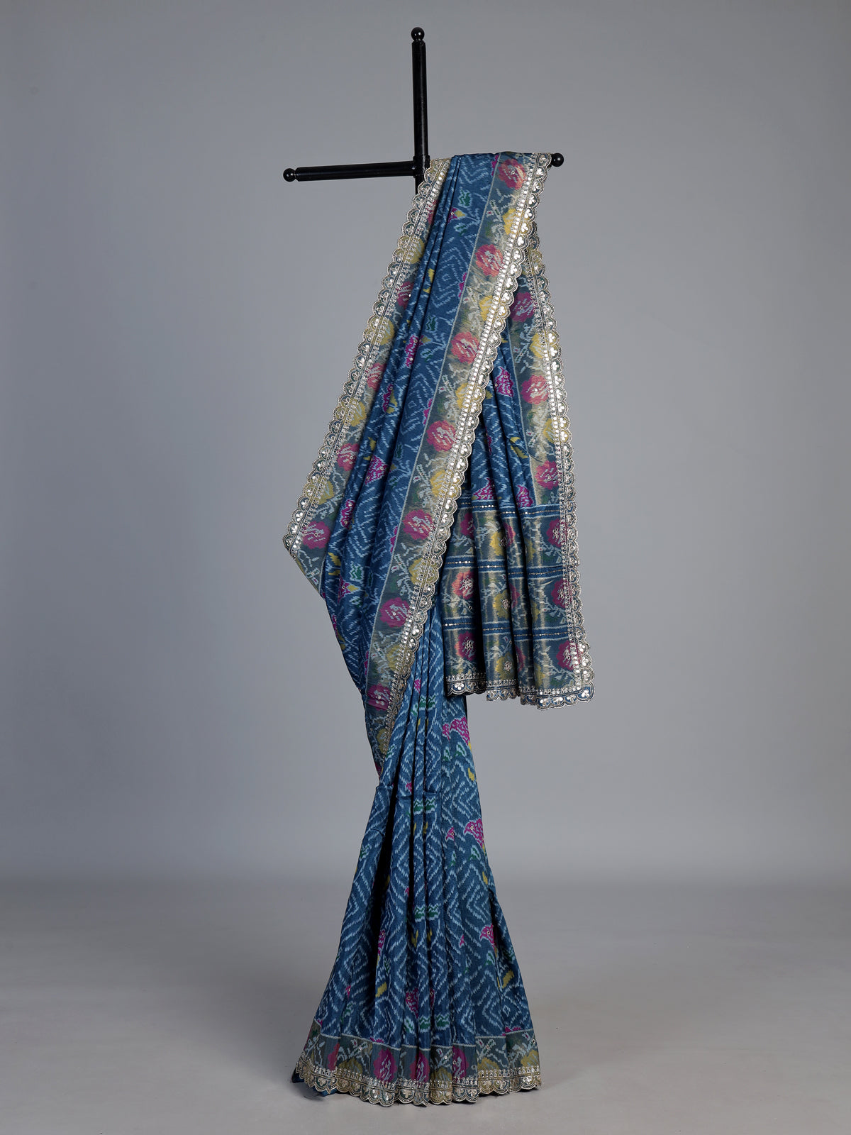 Stone blue soft silk saree with bandhani floral contrast elegance