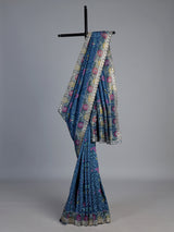 Stone blue soft silk saree with bandhani floral contrast elegance