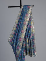 Stone blue soft silk saree with bandhani floral contrast elegance