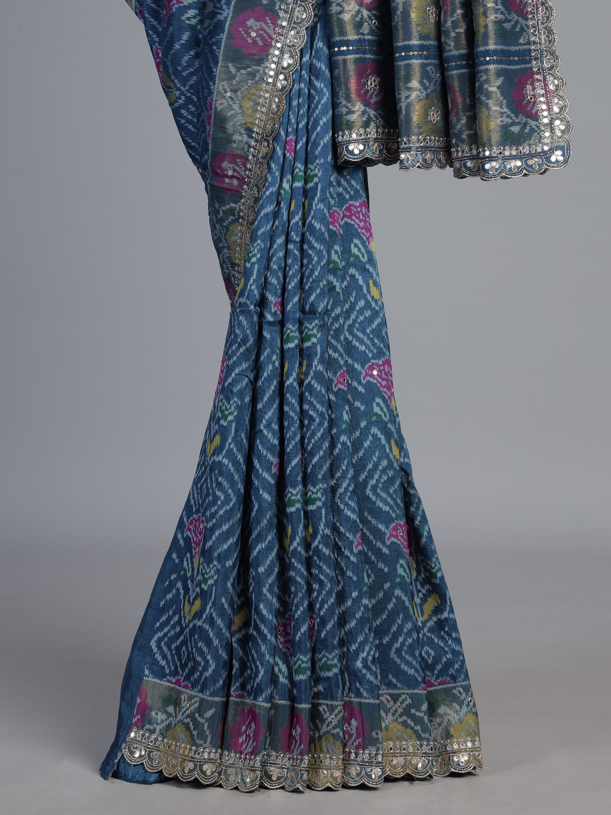 Stone blue soft silk saree with bandhani floral contrast elegance