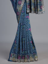 Stone blue soft silk saree with bandhani floral contrast elegance