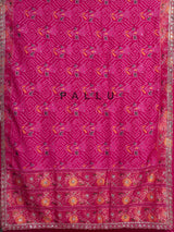 Rani pink soft silk saree with bandhani floral contrast detailing
