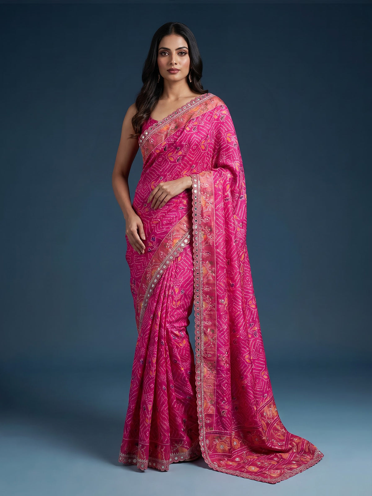 Rani pink soft silk saree with bandhani floral contrast detailing