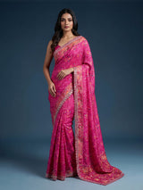 Rani pink soft silk saree with bandhani floral contrast detailing