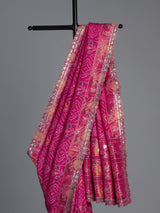 Rani pink soft silk saree with bandhani floral contrast detailing