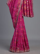 Rani pink soft silk saree with bandhani floral contrast detailing