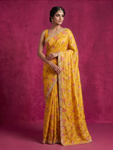 Mustard yellow soft silk saree with bandhani floral contrast elegance