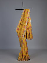 Mustard yellow soft silk saree with bandhani floral contrast elegance