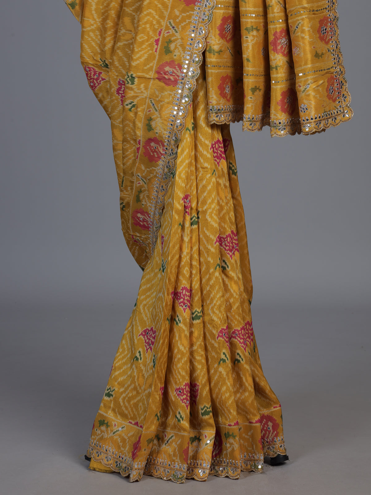 Mustard yellow soft silk saree with bandhani floral contrast elegance