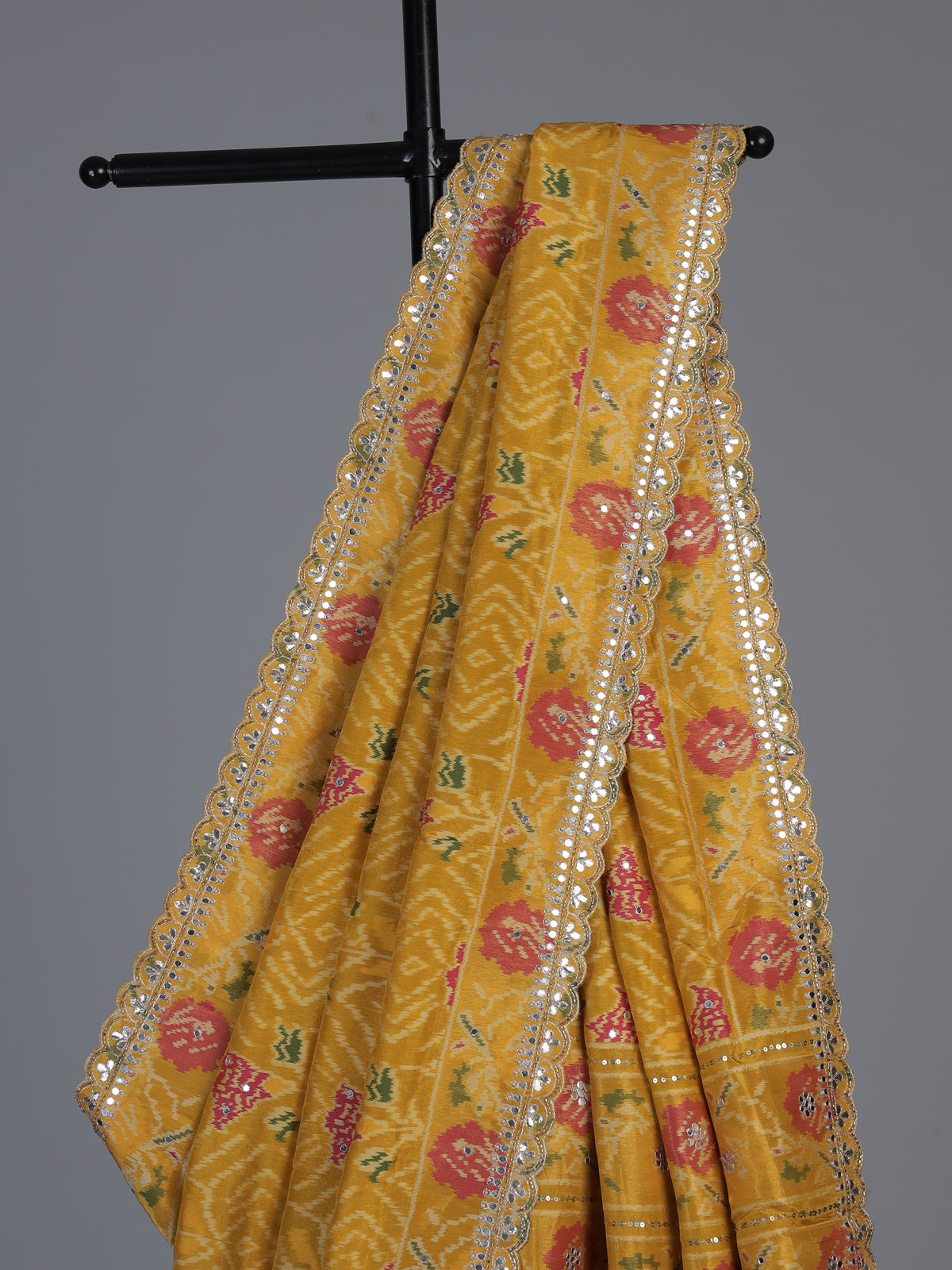 Mustard yellow soft silk saree with bandhani floral contrast elegance