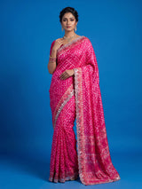Rani pink soft silk saree with sparkling ikat printed elegance