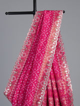 Rani pink soft silk saree with sparkling ikat printed elegance