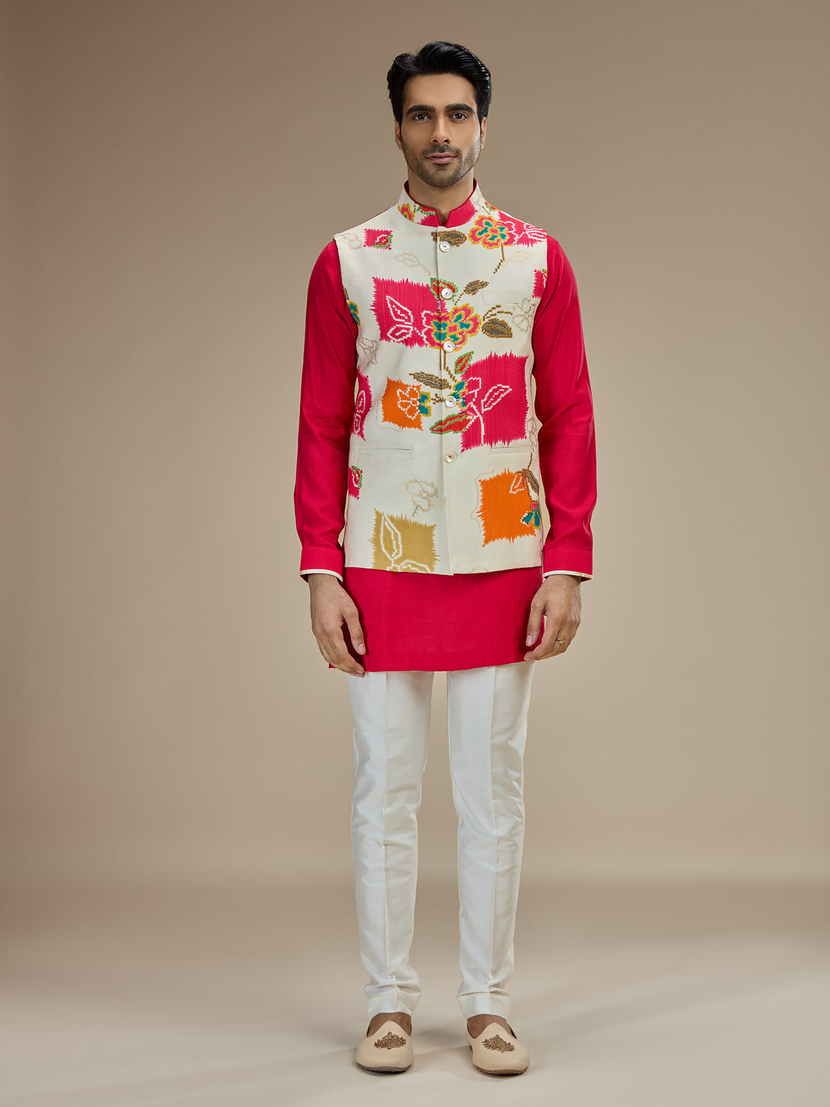 Rani and white printed waistcoat set