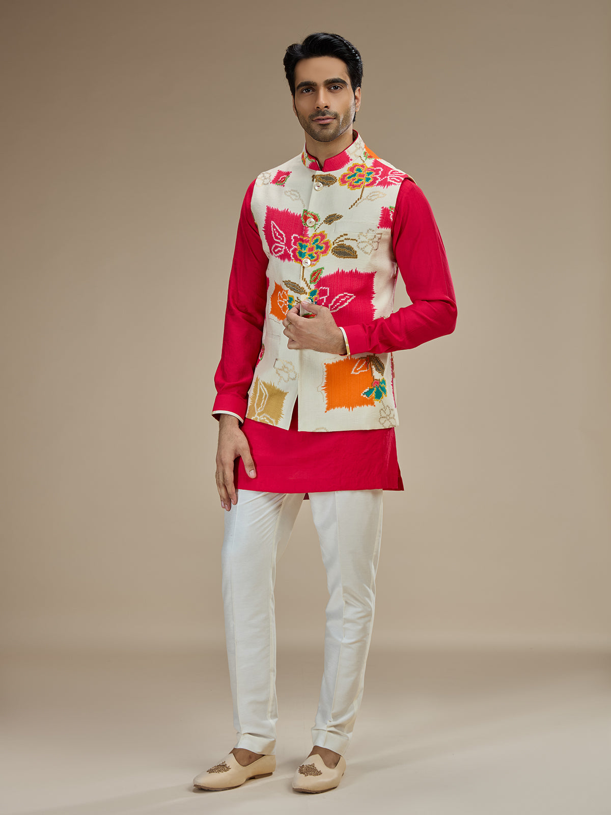 Rani and white printed waistcoat set