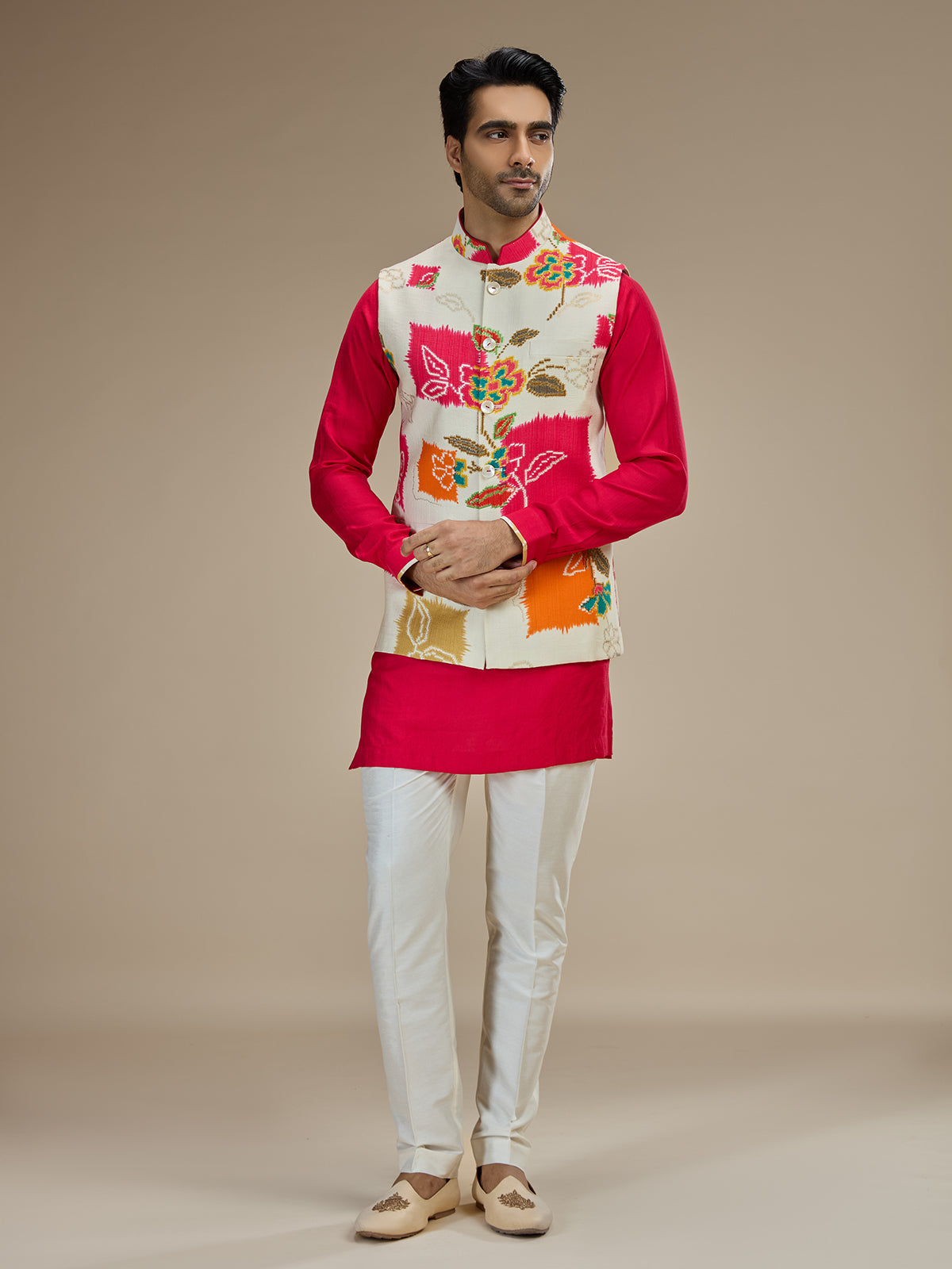 Rani and white printed waistcoat set