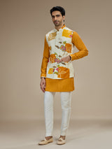 Yellow and white twill silk printed waistcoat set