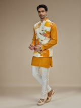 Yellow and white twill silk printed waistcoat set