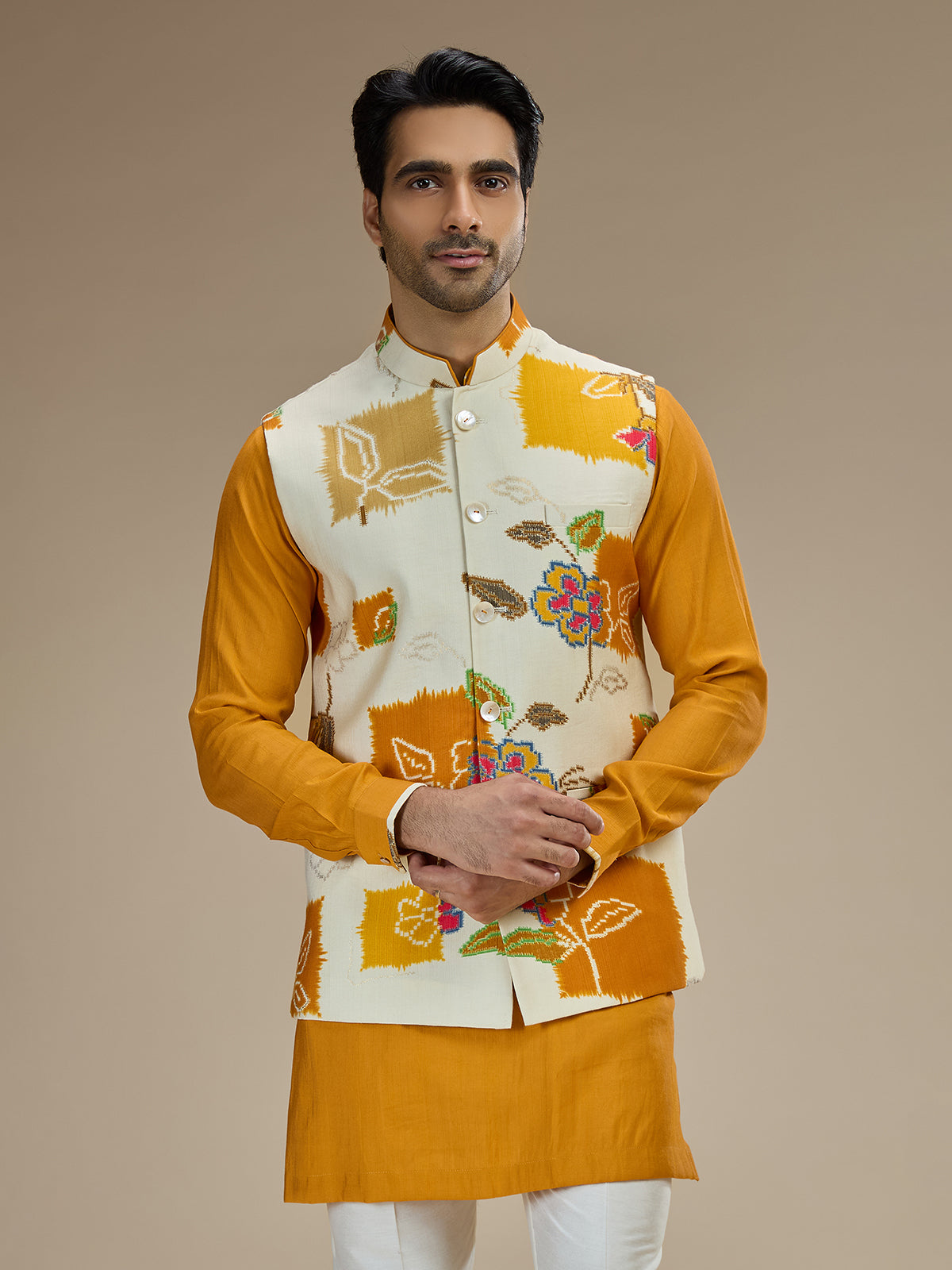 Yellow and white twill silk printed waistcoat set